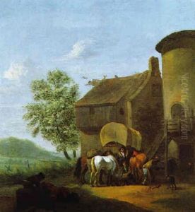 Reiter Mit Ihren Pferden Beim Hufschmied In Einer Suedlichen Landschaft by Johannes Lingelbach