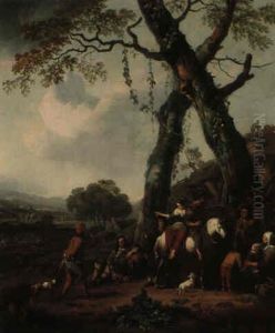 Landscape With Peasants And Hunters Halted By Two Trees by Johannes Lingelbach