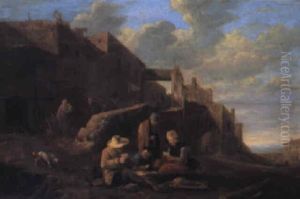 Sydlandsk Stadsvy Med Kortspelande Man by Johannes Lingelbach