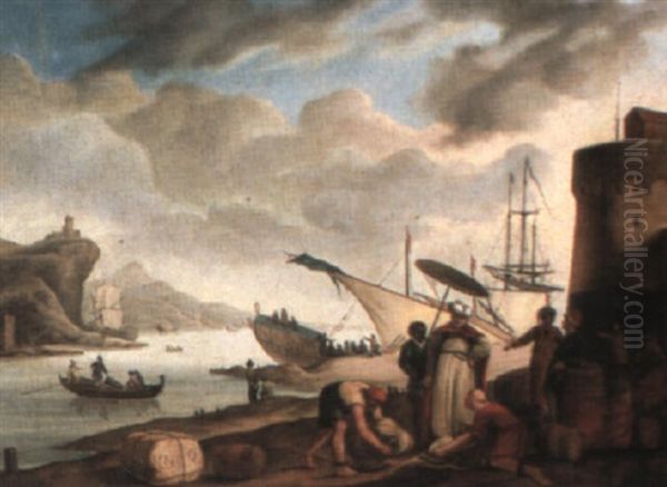 Harbor Scene With Slaves Unpacking Goods With Their Master Looking On - view 1