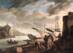 Harbor Scene With Slaves Unpacking Goods With Their Master Looking On by Johannes Lingelbach