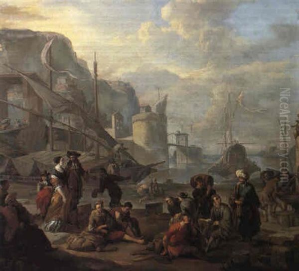 Harbour Scene With An Elegant Couple, Sailors And Figures - view 1