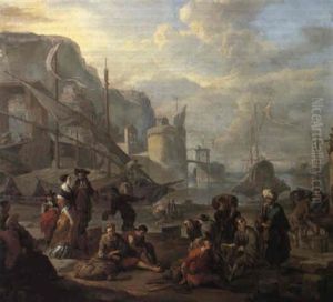 Harbour Scene With An Elegant Couple, Sailors And Figures
