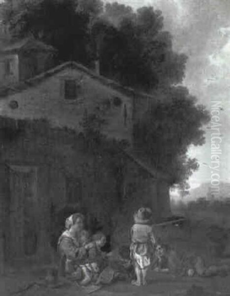 Peasant Woman And Her Children Outside A Cottage - view 1