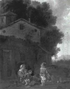 Peasant Woman And Her Children Outside A Cottage