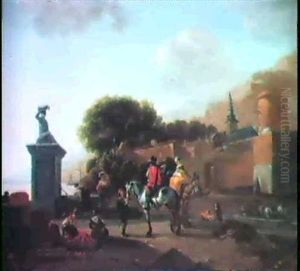 Travellers Before A Fountain Outside A Town Wall