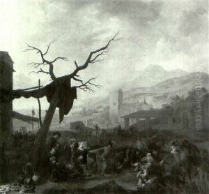 A Village Kermesse With An Extensive Landscape Beyond by Johannes Lingelbach