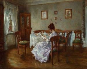 Interior With A Girl Embroidering by Otto Theodore Gustav Lingner