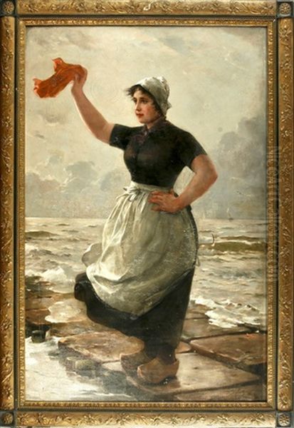 Willkommen (auf Der Mole Wartende, Mit Einem Tuch Winkende Junge Hollandische Fischersfrau) - view 1