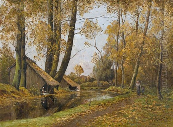 Herbstliche Bachlandschaft Mit Wascherinnen - view 1
