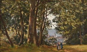 Forest Scene With Two Women In The Foreground And A Town With A Church In The Background Forest Scene With Two Women In The Foreground And A Town With A Church In The Background