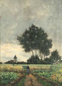 Franzosische Landschaft Bei Gewitterstimmung Mit Bauerin Auf Einem Feldweg