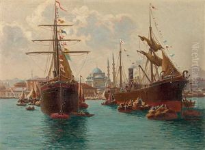 Constantinopel Auf Dem Marmara-meer ... Mosche Valide. Lebhaftes Treiben Um Ankernde Schiffe by Paul Rudolf Linke
