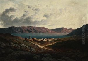 Blick Von Einer Anhohe Auf Eine Orientalische Stadt Am Ufer Eines Bergsees by Paul Rudolf Linke