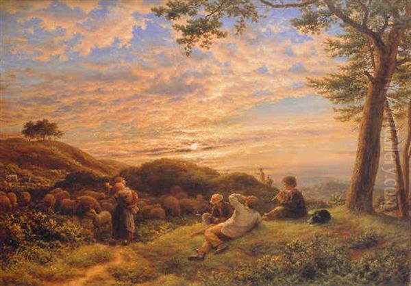 Shepherd Boys Tending Their Flock At Sunset - view 1