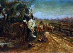 Farm Worker, Young Child And Sheep