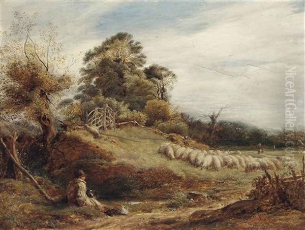 Shepherd And His Collie Guarding The Flock - view 1