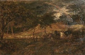 Landscape With Figures And Sheep At Sunset by John Linnell