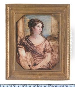 Portrait Of A Lady, Seated, Wearing Purple Dress, Her Hair Curled And Upswept