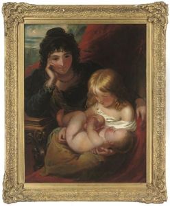 A Mother And Her Children Seated In An Interior, A Landscape Beyond A Mother And Her Children Seated In An Interior, A Landscape Beyond
