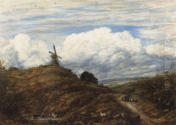 A View Of The Windmill At Reigate Heath With A Figure And Cart And A Flock Of Sheep Grazing In The Foreground - view 1
