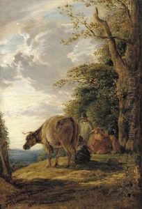 A Wooded Landscape With Herdsmen And Cattle by John Linnell