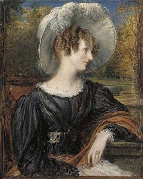 Portrait Of Mrs. Henry Stephen In A Black Dress And Feathered White Hat, In A Landscape - view 1