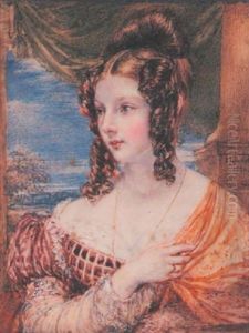Lady Elizabeth Belgrave Wearing Decollete Burgundy And White Dress, Hand Raised To Hold A Golden Shawl, Her Hair Upswept And In Ringlets