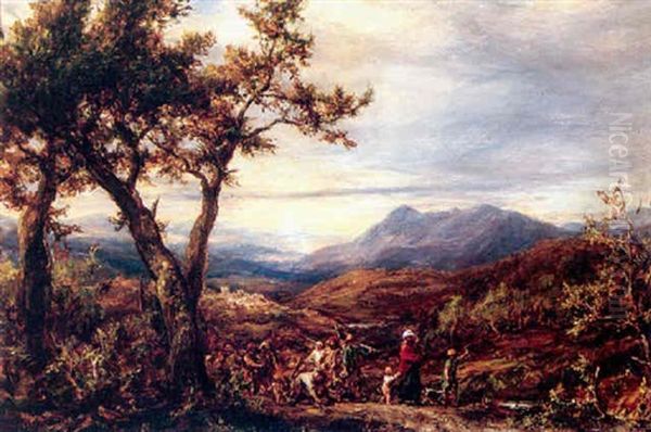 An Extensive Mountainous Landscape With Travellers In The Foreground - view 1