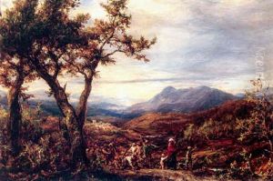 An Extensive Mountainous Landscape With Travellers In The Foreground by John Linnell