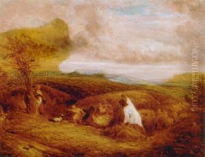A Shepherd With His Flock And Harvesters In A Surrey Landscape A Shepherd With His Flock And Harvesters In A Surrey Landscape
