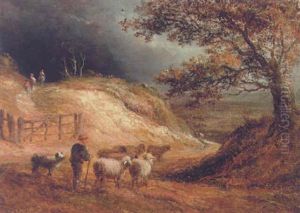 A Shepherd With His Flock On A Wooded Path