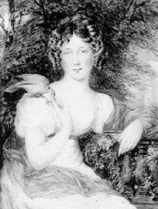Portrait Of A Lady, Seated Three Quarter Length Before A Balustrade, Wearing A White Dress With Red Ribbon Waistband