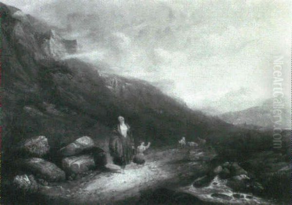 A Mountainous Landscape With A Mother And Child On A Path - view 1