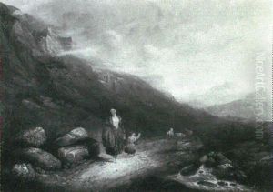 A Mountainous Landscape With A Mother And Child On A Path by John Linnell
