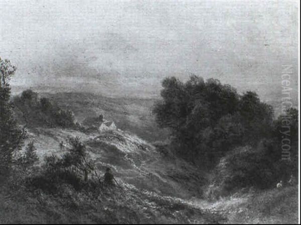 Figures In A Hilly Landscape, A Cottage Beyond - view 1