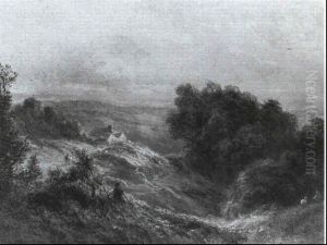 Figures In A Hilly Landscape, A Cottage Beyond by John Linnell