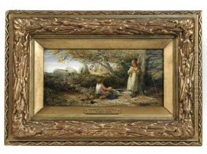 A Shepherd Piping To Children In A Landscape With Sheep by Thomas George Linnell