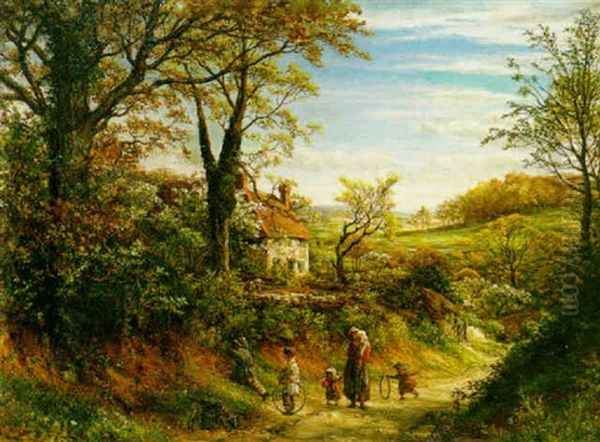An Extensive Country Landscape With A Mother And Her Children On A Path In The Foreground - view 1