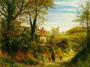 An Extensive Country Landscape With A Mother And Her Children On A Path In The Foreground by Thomas George Linnell
