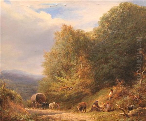 Family With Horse And Caravan On A Wooded Path - view 1