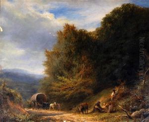 A Travelling Family With Horse And Caravan On A Wooded Path
