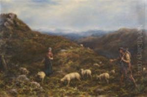 Shepherds With Their Flock In A Mountainous Landscape by William Linnell