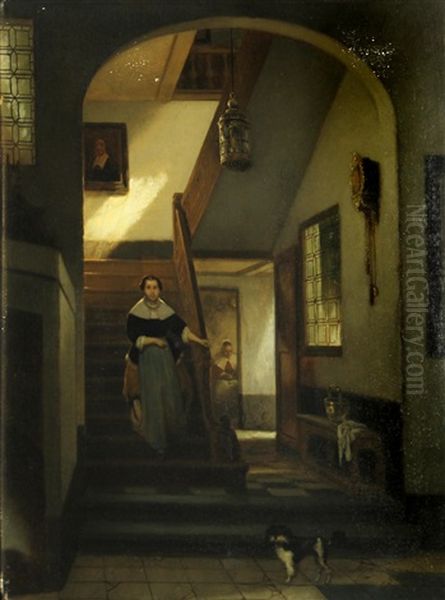 An Interior With A Woman Descending A Staircase - view 1