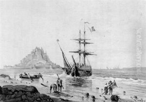 Ansicht Des Mont St. Michel, Im Vordergrund Segelschiffe Und Fischer by Willem Linnig the Elder