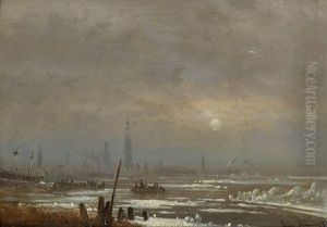 Winter View Of The River Scheldt In Moonlight With Antwerp In The Distance by Egidius Linnig