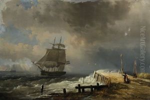 Segelschiffe Auf Bewegter See In Ufernahe by Egidius Linnig