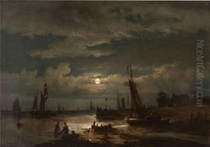 Pecheurs Au Travail Au Clair De Lune, Anvers A L'arriere-plan Pecheurs Au Travail Au Clair De Lune, Anvers A L'arriere-plan
