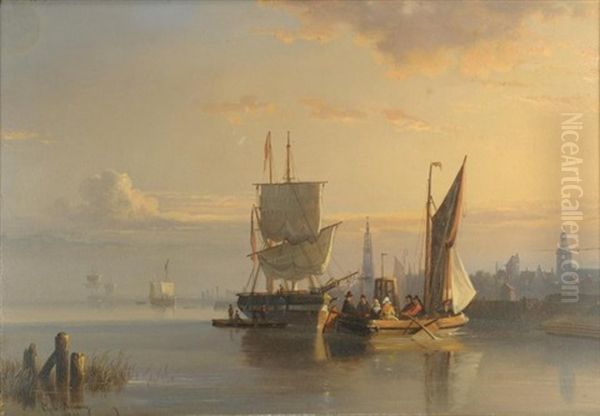 European Harbor Scene With Two Ships, One With Figures In The Foreground And Ships And City In The Background - view 1