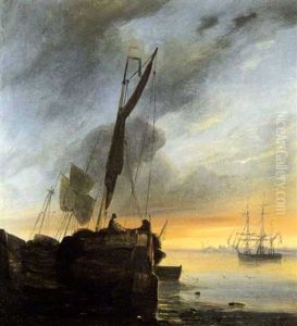 Aangemeerde Vissersboot Op De Schelde Bij Valavond by Egidius Linnig